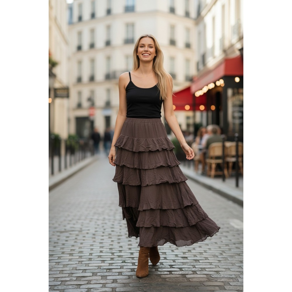 Paris Left Bank Gypsie Taupe Tiered‎ Ruffle Maxi Skirt Raw Edge Fairycore Boho M
